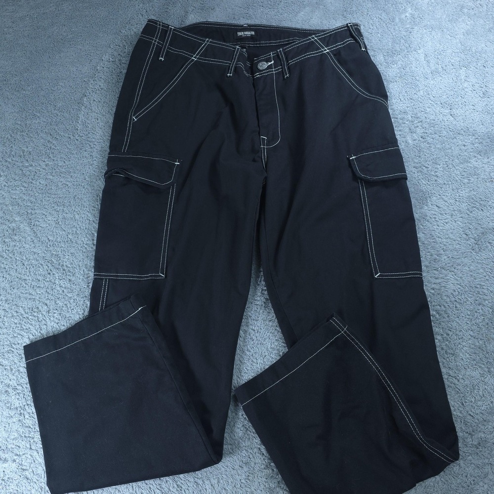 True Religion Cargo Pants Mens 34 Black Contrast Stitch Relaxed Fit Canvas